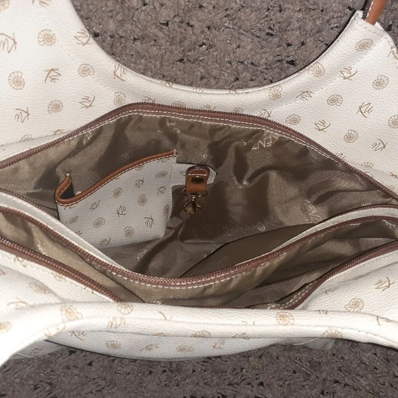 KENZIA-Looping Shoulder Bag-Beige Coated  Canvas/Brown Leather-Excellent - Picture 8 of 9